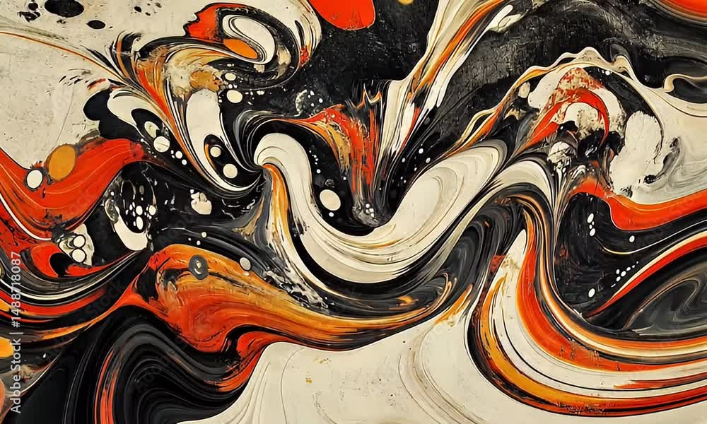 Abstract painting of swirling fluid movement in black, white, and orange Abstract painting of swirling fluid movement in black, white, and orange
