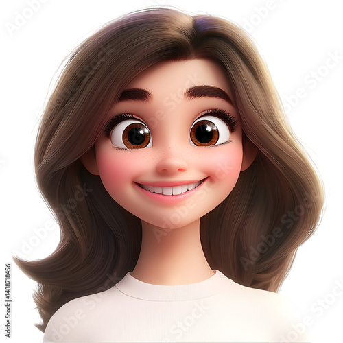 Animated young woman with brown hair smiling cartoon female character