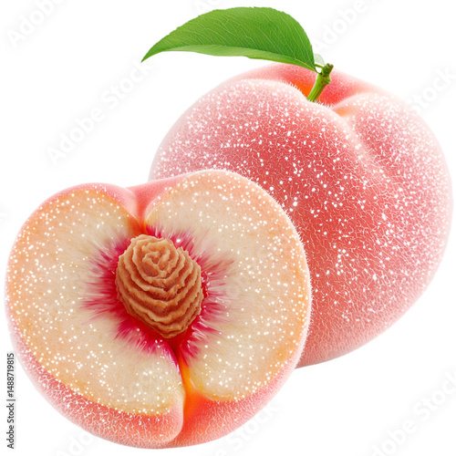 Peach fruit sliced in half showing pit red skin fresh