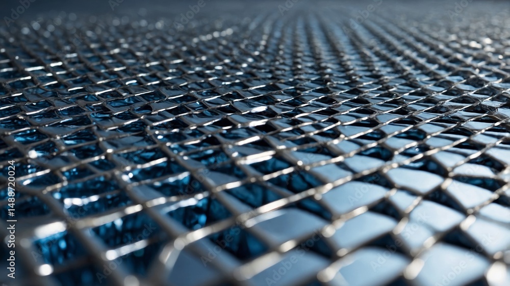 Fototapeta premium Close-up View of a Metallic Mesh Surface Reflecting Light With Intricate Patterns in a Studio Setting at Daytime