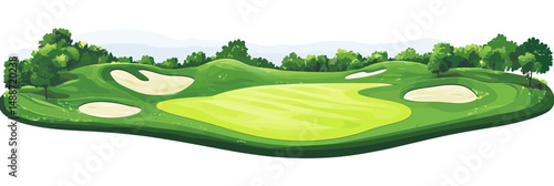 Golf course landscape with green grass, sand bunkers, surrounding trees, and clear sky in minimalist flat vector style for outdoor sport design