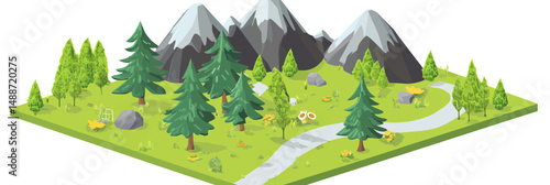 Isometric forest landscape with mountain peaks, fir trees, winding paths, rocks, and nature elements in flat minimalist vector style