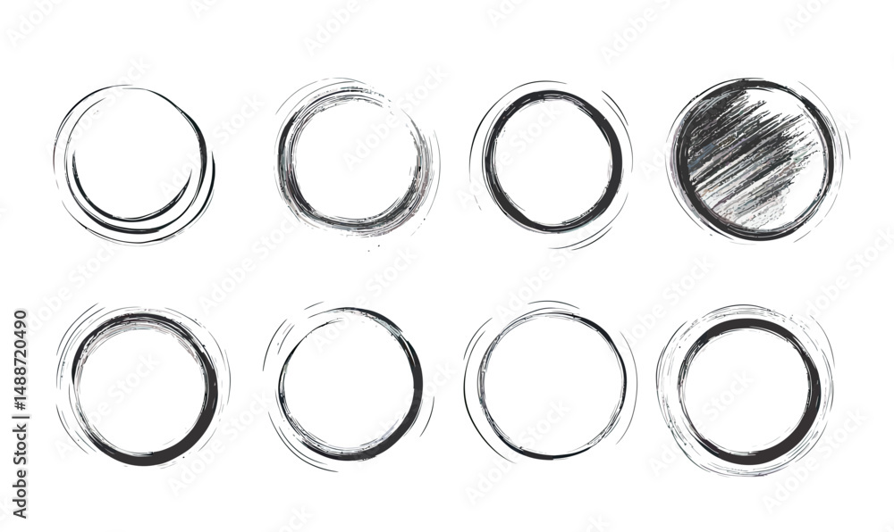 Set of eight hand drawn black and white circular brush stroke shapes with varied textures and shading isolated on white background for design elements and minimalistic abstract art concepts Set of eight hand drawn black and white circular brush stroke shapes with varied textures and shading isolated on white background for design elements and minimalistic abstract art concepts