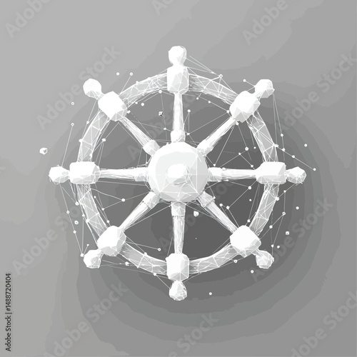 White low poly polygonal ship steering wheel with abstract connected network dots and lines on gray background vector illustration for nautical navigation and maritime concept