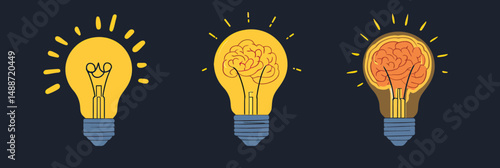 Three stages of lightbulb innovation concept with glowing filament and brain inside glowing symbolizing creative ideas and mental inspiration in flat vector style
