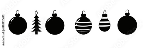 Simple black silhouette Christmas ornaments set with round baubles and stylized tree minimalist holiday decoration icons