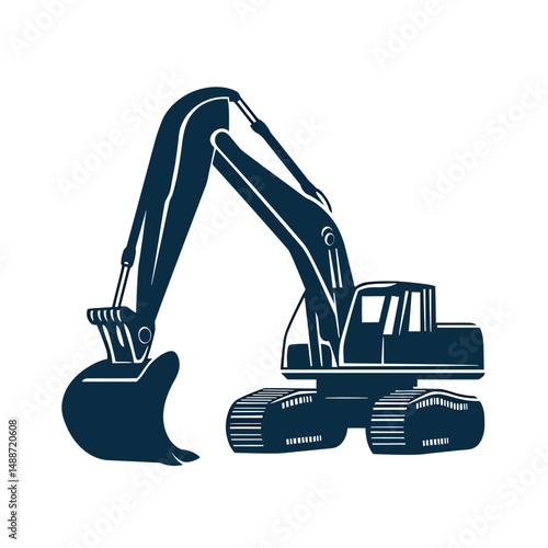 Minimalist silhouette of construction excavator with tracked wheels and hydraulic arm digging bucket vector illustration isolated on white background