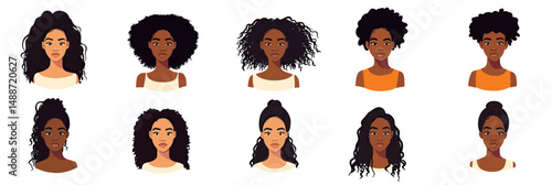 Diverse young African American women portraits with various natural curly and afro hairstyles flat vector illustration set isolated on white background