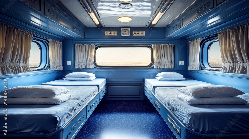 Fototapeta premium Indian Railways trains have second-class sleeper coaches equipped with vacant seats and berths, along with packaged bed linens, inside air-conditioned passenger compartments