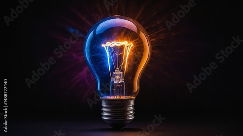 Vintage Light Bulb Glowing With Warm Colors Against a Dark Background, Showcasing Its Intricate Filament Design and Artistic Illumination Effects