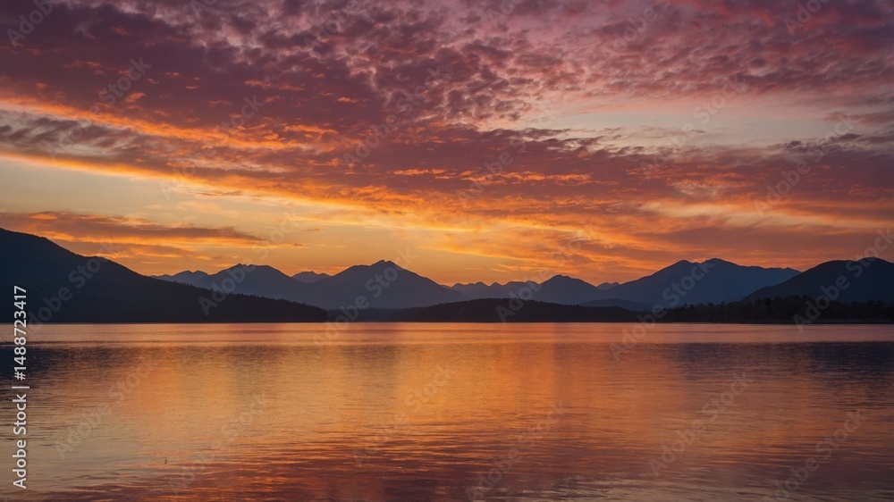 Fototapeta premium Vibrant Sunset Casts Warm Hues Over Tranquil Lake Surrounded by Majestic Mountains in the Evening Sky