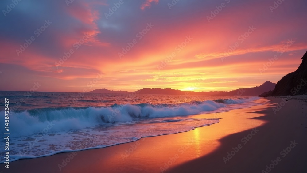 Obraz premium Stunning Sunset Over Tranquil Ocean Waves Along a Serene Beach With Mountains in the Background During the Evening Hours