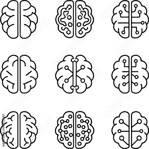 Brain Technology Icon Set | AI Neural Network Circuit Brain Vector for Tech and Science