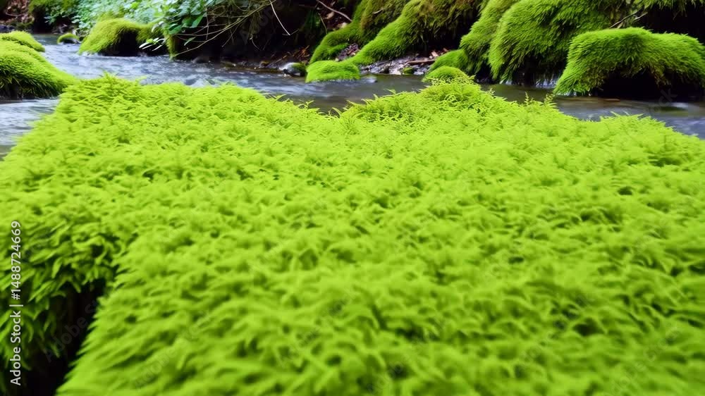 Lush green moss covered rocks in a stream, with clear, flowing water and verdant surrounding, showing nature's vibrant details. Lush green moss covered rocks in a stream, with clear, flowing water and verdant surrounding, showing nature's vibrant details.