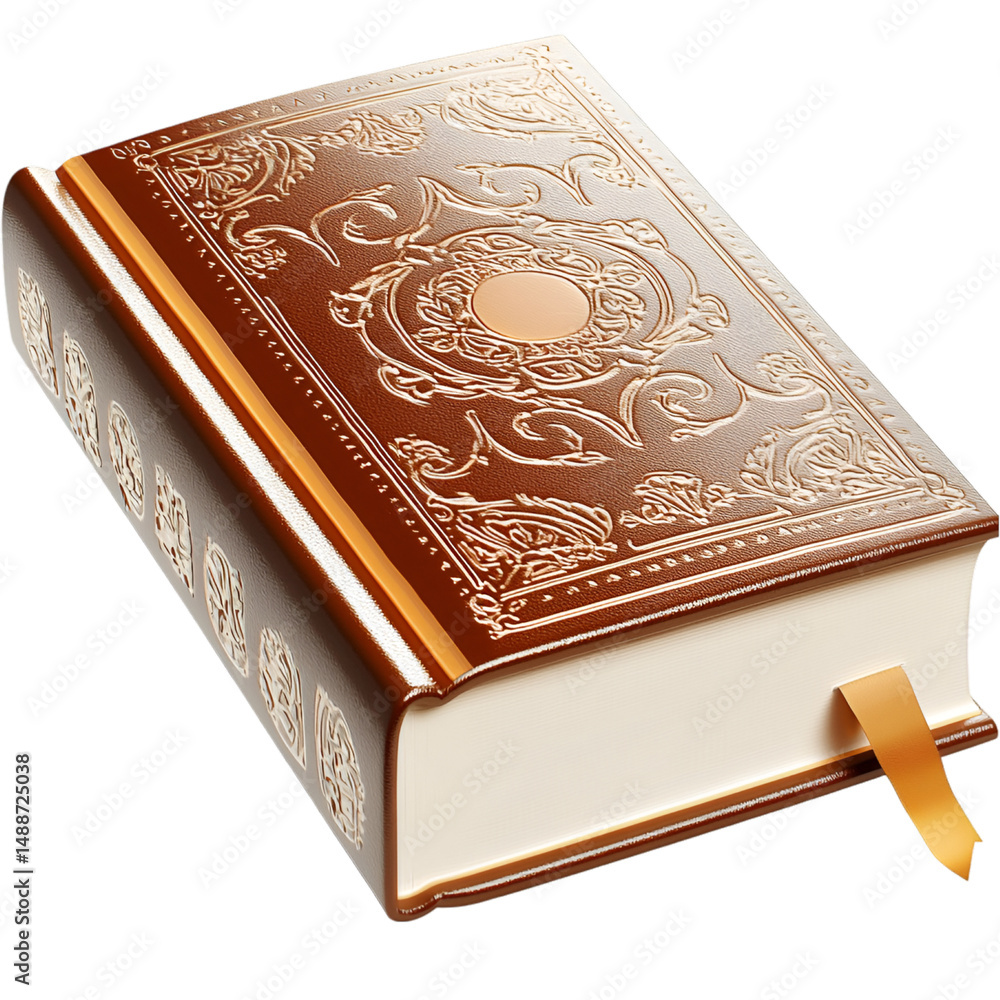 Fototapeta premium Leather bound book with gold ornate design antique literature collection