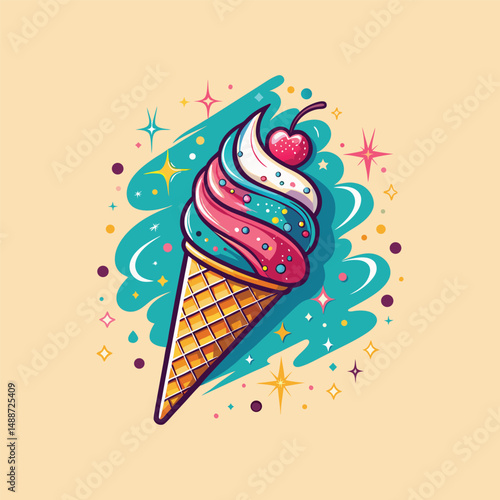 Cherry ice cream design. Fresh ice cream graphic print design for t shirt, apparel, posters, background and others. Retro ice cream hand drawn vector art, Enjoy summer with sweet ice cream.	