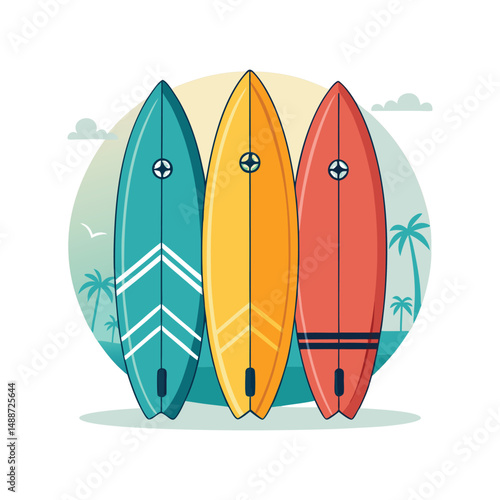 Three colorful surfboards are standing upright on the sand, ready for a day of surfing, with a transparent background	