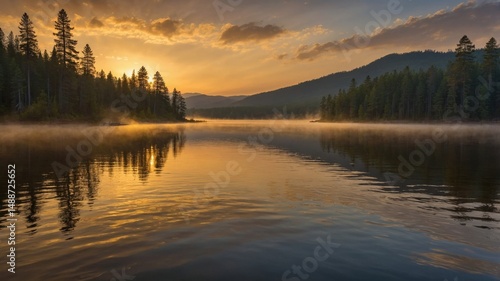 Wallpaper Mural Tranquil Sunrise Over Calm Lake With Mist Rising and Trees Lining the Shore, Captured in the Morning Light in a Serene Wilderness Torontodigital.ca