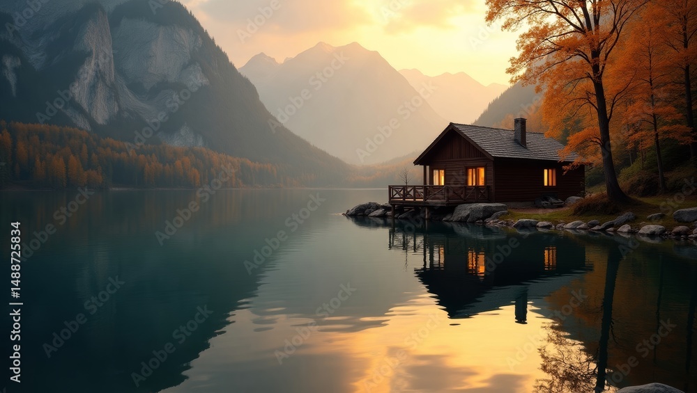 Fototapeta premium Cozy Cabin by the Lake During Autumn Sunset With Reflected Mountains and Colorful Foliage in Serene Landscape