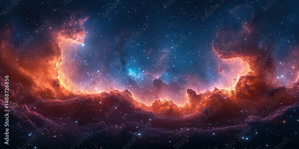 Fototapeta premium Vibrant cosmic nebula illuminated by intense stars in a deep space landscape