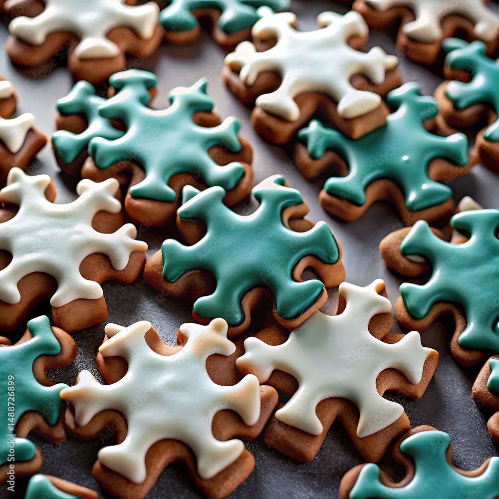 Fototapeta premium Closeup of Brown Teal White Puzzle Shaped Christmas Cookies on Dark Surface
