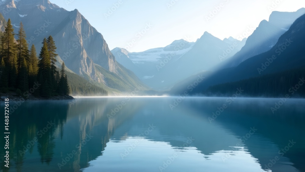 Obraz premium Morning Mist Envelops a Tranquil Lake Surrounded by Towering Mountains and Evergreen Trees at Sunrise, Creating a Serene Natural Landscape