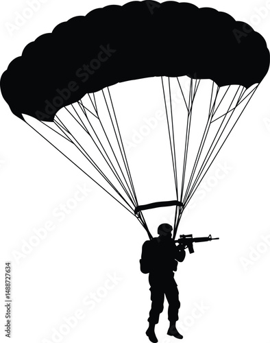 Minimalist Black and White Silhouette Line Art of Parachuting Soldier in Action

