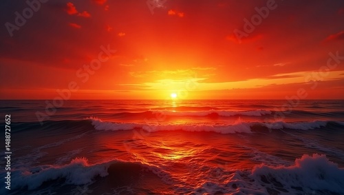 Vivid Sunset Over Calm Ocean Waves Reflecting Warm Colors Near the Horizon During Evening Hours
