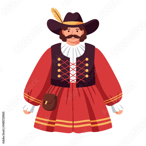 Cartoon man dressed in historical red costume with feathered hat  