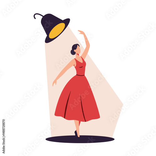 Elegant woman dancing in a red dress under spotlight illumination  