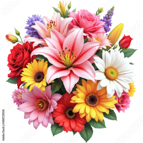 Vibrant floral bouquet with lilies roses and daisies on black background