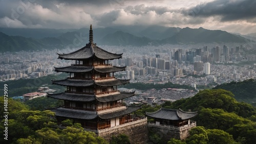 Wallpaper Mural Ancient Pagoda Overlooks Modern City Skyline Under Dramatic Cloud Cover at Dusk Torontodigital.ca