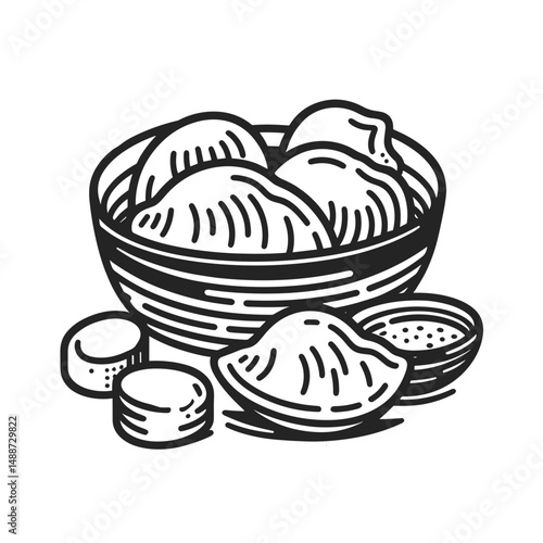 Bowl of dumplings with sides on a table in a monochrome style  