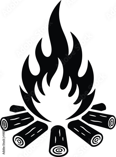 Minimalist Black and White Silhouette Vector of Campfire with Firewood at Campsite in Nature

