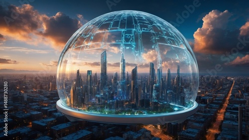 Futuristic Cityscape Under a Transparent Dome Showcasing Advanced Architecture and Lush Greenery With a Dramatic Sky at Dusk