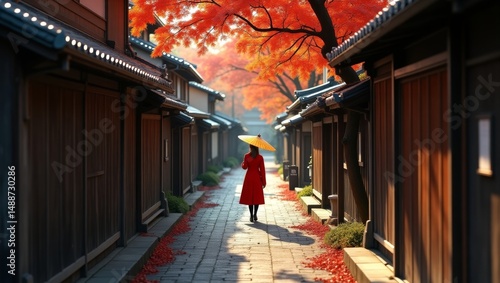 Exploring a Serene Alley in Autumn With Vibrant Red Leaves and a Woman in a Red Dress Holding an Umbrella