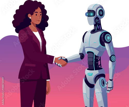 Woman shaking hands with futuristic robot in purple suit technology partnership vector 