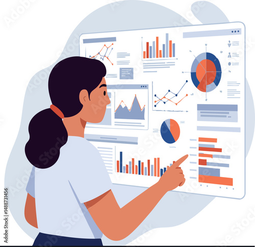 Woman analyzing business charts and data visualization on transparent screen vector illustration 