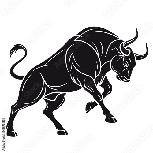 Bull with sharp horns. Aggressive bull standing silhouette vector isolated