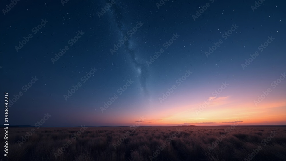 Fototapeta premium Vibrant Sunset Over a Serene Landscape With a Clear Night Sky Revealing Twinkling Stars