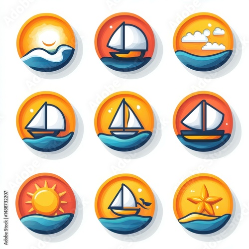 Colorful nautical icons depicting boats and sun on vibrant backgrounds, showcasing diverse maritime themes photo