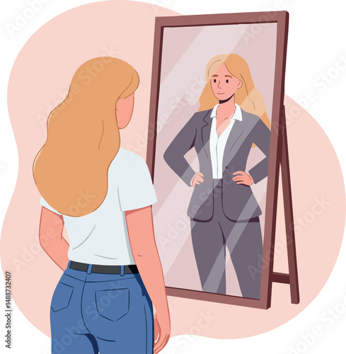 Young woman looking confident in mirror reflection wearing business suit and casual clothes vector illustration 