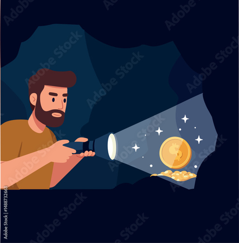 Man with flashlight discovering gold coins treasure in dark cave vector illustration 