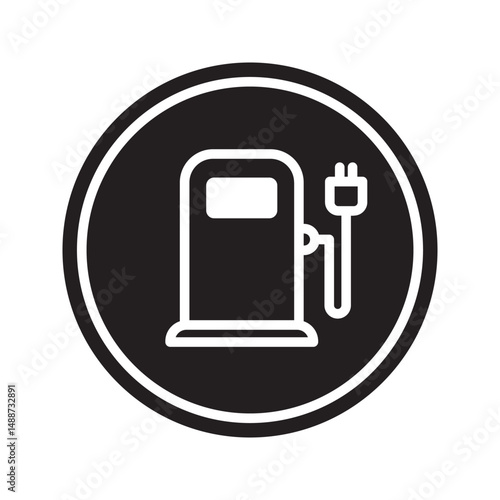Power Station for Vehicle Car Lines and Silhouette Icons. Charger with Plug for Auto Electric Power Symbol. Charging Station for Electric Car