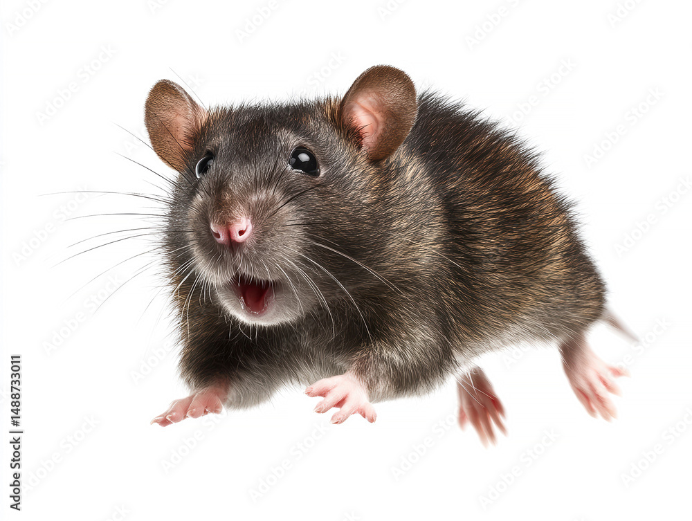 A mid-motion rat with dark fur and prominent teeth, shown from an elevated perspective against a light background The rat appears to be squealing or yawning, with bright lighting casti - AI-Generated A mid-motion rat with dark fur and prominent teeth, shown from an elevated perspective against a light background The rat appears to be squealing or yawning, with bright lighting casti - AI-Generated