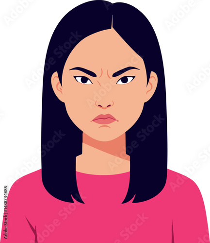 Angry woman with long black hair and pink shirt expressing frustration vector illustration 