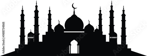 Mosque Silhouette Arabic Architecture Domes and Minarets Islamic Temple Muslim Place of Worship Black and White Illustration Minimalist Design

