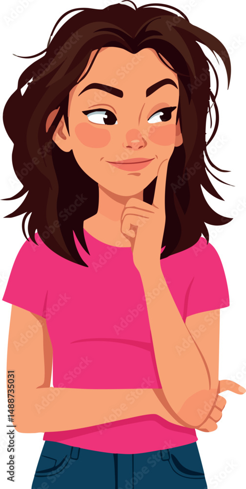 Young woman thinking with hand on chin wearing pink shirt and blue jeans vector illustration Young woman thinking with hand on chin wearing pink shirt and blue jeans vector illustration