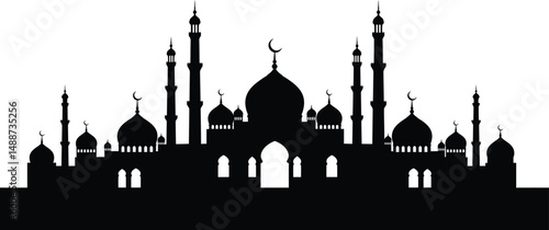 Intricate Ornate Middle Eastern City Skyline Silhouette Domed Minaret Mosques Towers Dramatic Sky Black and White High Contrast

