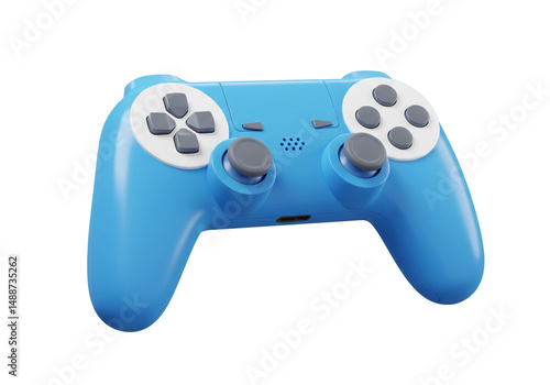 A close up of a light blue video game controller with gray buttons on a white background surface photo